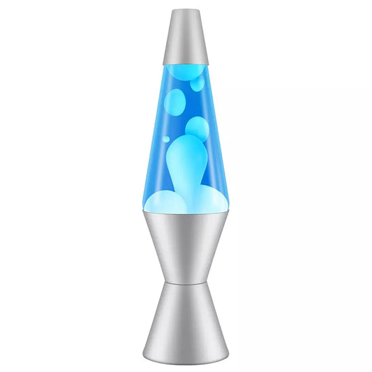 A Lava Lamp Classic (White/Blue) 14.5" with a silver base and cap, perfect as a gift for teenagers, featuring blue wax in clear liquid.