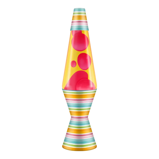 Vibrant Lava Lamp Beach Umbrella 14.5" with swirling neon pink wax and a multicolored base and cap, against a black background.