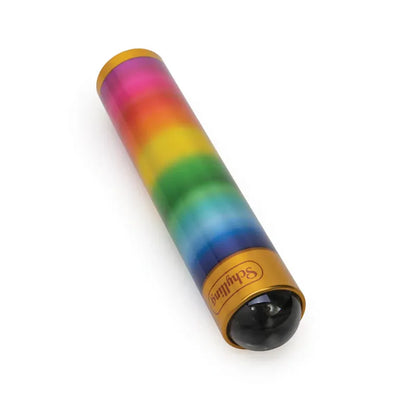 The Schylling Marblescope is a cylindrical kaleidoscope that showcases a gradient of rainbow colors from top to bottom, embodying a retro primary color design. Each end of the kaleidoscope features a golden cap, with one cap containing a dark lens and the word "Saginaw" inscribed on it.