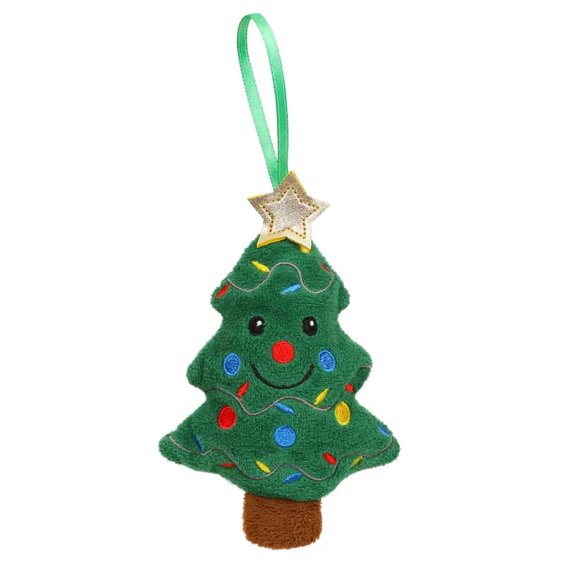 The Christmas Tree Finger Puppet Decoration features a plush smiling face, colorful embroidered lights, a brown trunk, a gold star on top, and a green hanging ribbon—this charming ornament from The Puppet Company doubles as both a festive tree decoration and an adorable Christmas finger puppet for extra holiday fun.