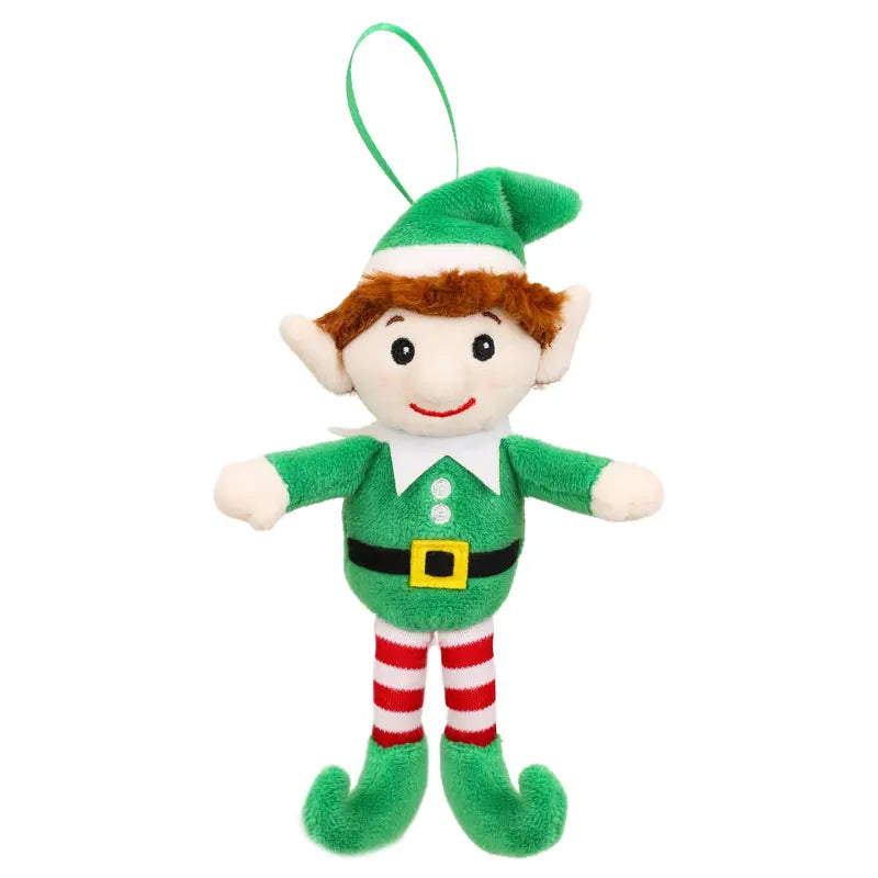 The Elf Finger Puppet Decoration features a plush elf design complete with a green hat, green outfit, black belt, striped red and white leggings, pointed shoes, pointy ears, and a green hanging loop at the top—making it the perfect whimsical accent for your Christmas tree or as an imaginative finger puppet for festive holiday play. Shown against a white background.
