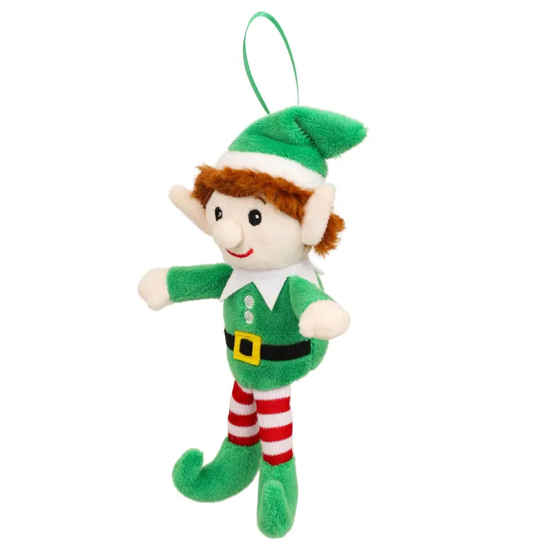 Elf Finger Puppet Decoration featuring a green hat and outfit, red-and-white striped legs, pointy ears, and a cheerful face. This delightful ornament comes with a convenient hanging loop on its head, making it perfect for decorating your Christmas tree or inspiring imaginative play.
