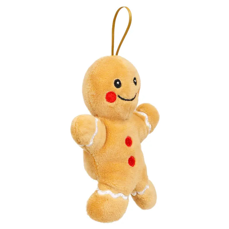 Introducing the Gingerbread Man Finger Puppet Decoration—a plush ornament featuring a smiling face, rosy red cheeks, two red buttons, and white icing details. Complete with a loop for hanging, this charming piece is perfect as a festive Christmas tree decoration or as a delightful finger puppet for imaginative holiday play.