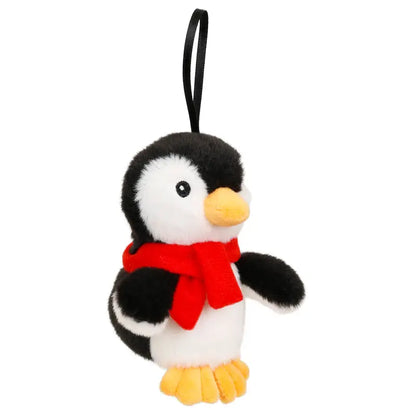 Introducing the Penguin Finger Puppet Decoration: an adorable plush penguin toy featuring a red scarf, yellow feet, and a black string loop on top for easy hanging. Perfect as a Christmas tree ornament, this charming decoration showcases a white belly and face with black wings and back—making it ideal for festive imaginative play and holiday decor.