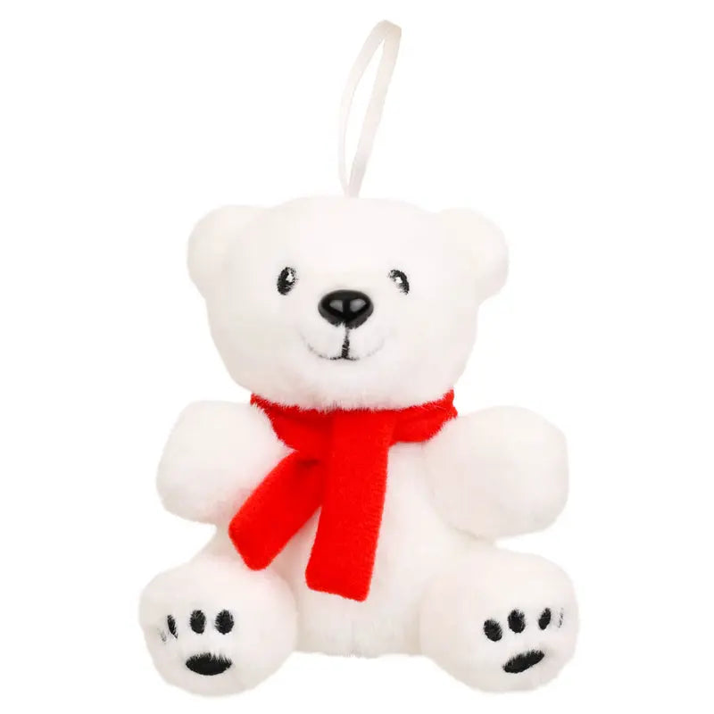 The Polar Bear Finger Puppet Decoration is a white plush ornament with a red scarf and a white hanging loop, featuring black eyes, nose, and paw prints—perfect as an adorable Christmas tree decoration or for imaginative play as a Christmas finger puppet.