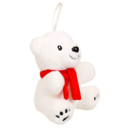 The Polar Bear Finger Puppet Decoration features a plush white bear with black eyes and nose, wearing a festive red scarf and a white hanging loop on its head—perfect for adorning your Christmas tree. Black stitching details on its paws add extra charm, making it ideal for imaginative play throughout the holiday season.