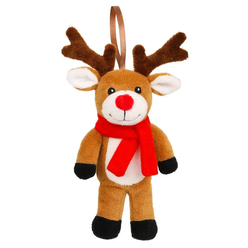 The Reindeer Finger Puppet Decoration features a plush design with brown antlers, a red nose, black hooves, a red scarf, and a convenient hanging loop on its head. With its cheerful smile, white inner ears and belly, this adorable item from The Puppet Company is perfect as both a Christmas tree ornament and a festive finger puppet.
