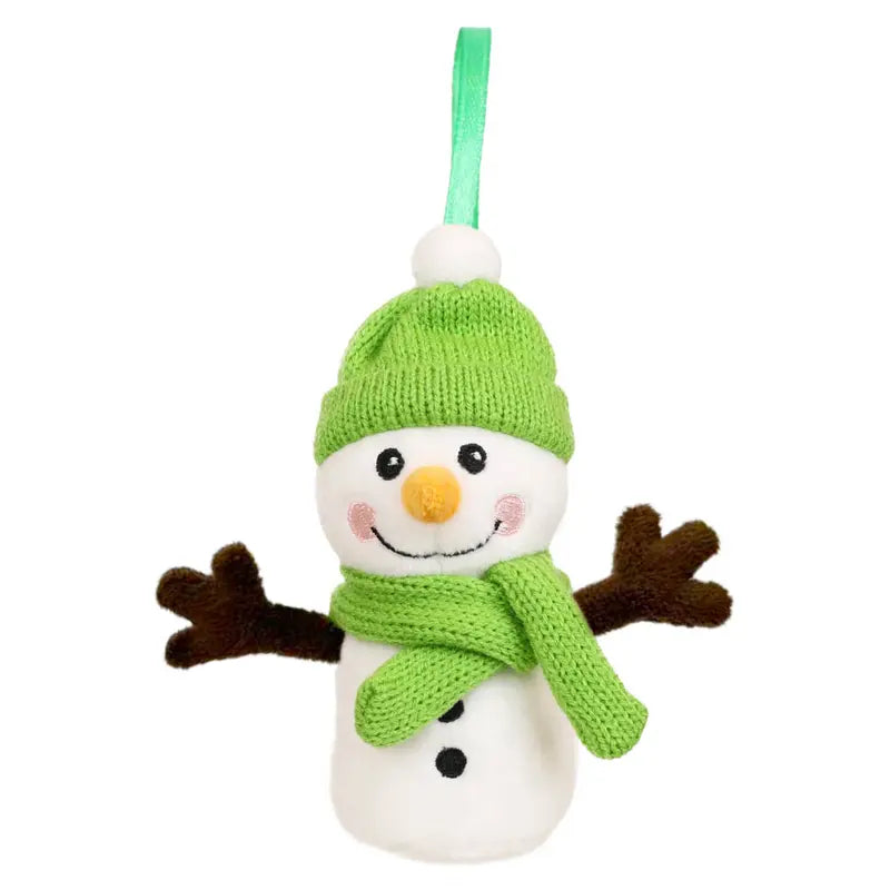 The Snowman Finger Puppet Decoration features a green knit hat and scarf, brown stick arms, a carrot nose, two black button eyes, a stitched smile, and rosy cheeks, hanging from a green ribbon—making it a charming Christmas decoration that brings festive cheer to your home.