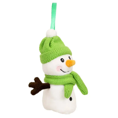 Snowman Finger Puppet Decoration featuring a green knit hat and scarf, an orange carrot nose, pink cheeks, a cheerful smile, and twig-like brown arms—suspended from a green ribbon for easy hanging. Perfect as a charming Christmas ornament or as a whimsical finger puppet to inspire imaginative holiday play.