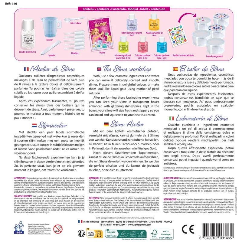 Back of Sentosphere Slime Workshop box shows contents: powder, cups, spatulas, pipettes, colorants, sticker sheet, clear containers, instructions—plus details in French, English, German, Spanish & Italian for making natural slime.