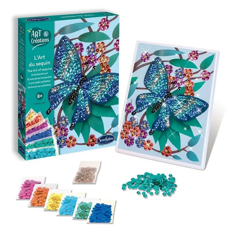 A Sentosphere Sequin Art Butterfly craft kit with blue beads, sequins, and a box.