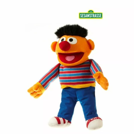 a Living Puppets Ernie Hand Puppet 33cm that is wearing a striped shirt.