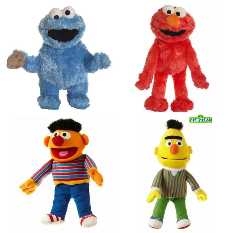 The Sesame Street Hand Puppet Set – Elmo, Cookie Monster, Bert & Ernie features four plush hand puppets: Cookie Monster (blue, holding a cookie), Elmo (red), Ernie (striped shirt), and Bert (green-striped shirt) displayed against a white background. These official puppets are perfect for inspiring imaginative play and bringing your favorite Sesame Street characters to life.