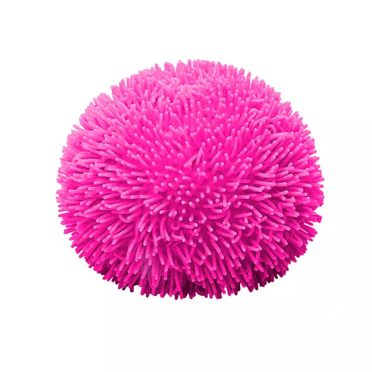 A vibrant pink, Shaggy NeeDoh fidget toy with numerous soft spikes extending from its center, isolated on a white background.
