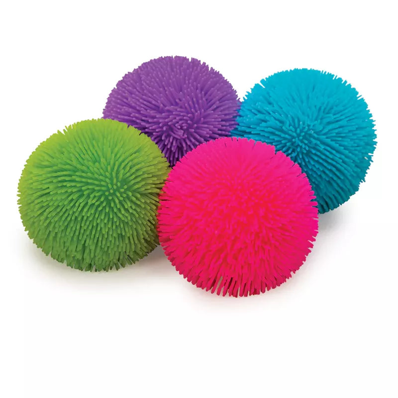 A colorful assortment of Shaggy NeeDoh balls in green, purple, blue, and pink, set against a white background makes for an Anxiety Reliever Fidget Toy.