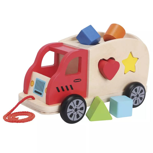 A wooden pull along New Classic Toys Shape Sorting Truck with blocks and shape sorter.