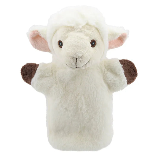 A ECO Puppet Buddies Sheep Hand Puppet from our puppet collection, featuring a white body with fluffy texture, a sweet face, and brown accents on the inner ears and feet.