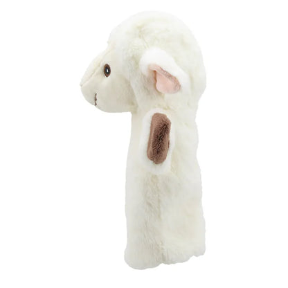 A plush toy cover shaped like a ECO Puppet Buddies Sheep Hand Puppet head, featuring a white body, brown inner ears, and realistic black eyes, isolated on a white background. This item is perfect for enhancing your puppet collection.