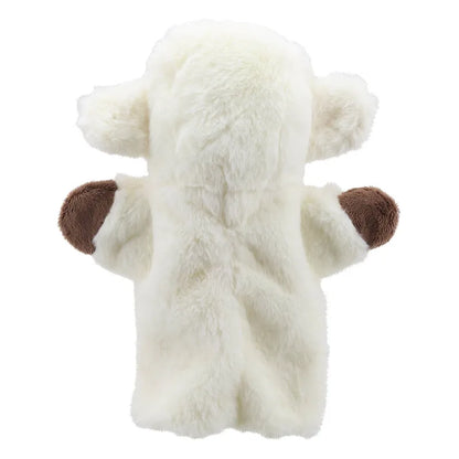 Back view of a fluffy, white ECO Puppet Buddies Sheep Hand Puppet with brown hoof details, isolated on a white background.