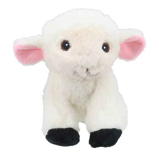 The Wilberry Eco Mini Sheep is a fluffy white soft toy with pink inner ears, black feet, and big round eyes that sits upright—a perfect eco-friendly cuddle companion.