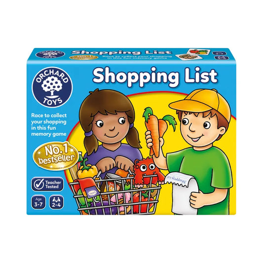 The box cover of the "Orchard Toys Shopping List" game showcases a cartoon girl and boy with a shopping cart overflowing with groceries, such as carrots. It includes a badge proclaiming it as the "No. 1 Bestseller." The game is suitable for children aged 3 to 7 and designed for 2 to 4 players.