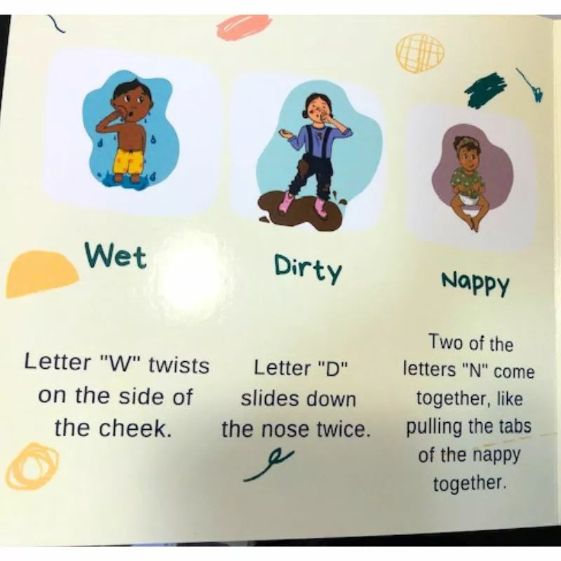 Clever Little Handies Baby Sign Language Book" and "dry" are repeated in this description about a baby's nappy.