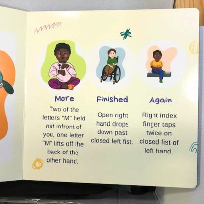 A children's book featuring Clever Little Handies Baby Sign Language Book, a person in a wheelchair communicating through sign language.