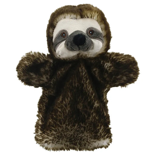 A ECO Puppet Buddies Sloth Hand Puppet with a hooded, furry brown and white costume standing straight facing forward, showing its full body and welcoming arms open.