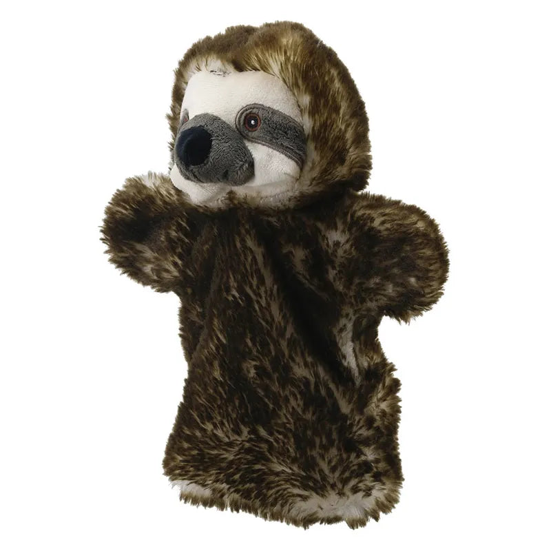 A ECO Puppet Buddies Sloth Hand Puppet wearing a cozy, brown and black patterned faux-fur coat with its arms extended, isolated on a white background.