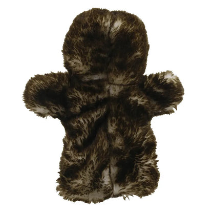 A faux fur, ECO Puppet Buddies Sloth Hand Puppet made from recycled materials, in dark brown hues, shot against a white background, with distinct head, arms, and legs visible.