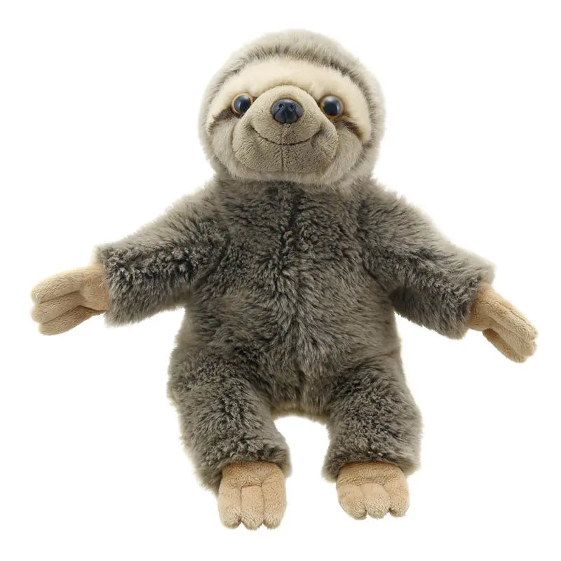 The Puppet Company Full-bodied Hand Puppet Sloth features soft grayish-brown fur, a beige face and hands, black nose, and wide eyes—perfect for encouraging children's fine motor skills as a cuddly toy.