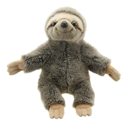 The Puppet Company Full-bodied Hand Puppet Sloth features soft grayish-brown fur, a beige face and hands, black nose, and wide eyes—perfect for encouraging children's fine motor skills as a cuddly toy.