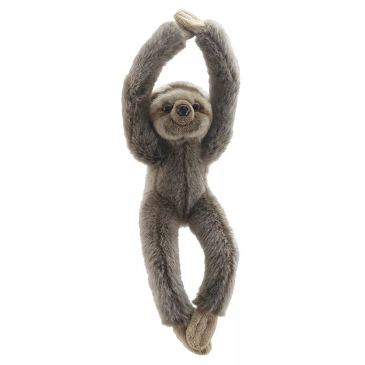 A plush Sloth Canopy Climber toy hanging by its arms with a cheerful expression, isolated on a white background, perfect for creative play.