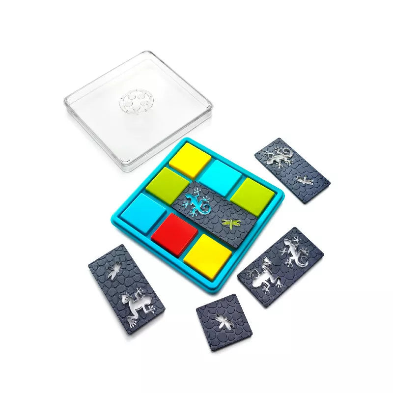 A SmartGames Colour Catch board game that promotes problem solving and concentration with a set of colorful pieces and a box.