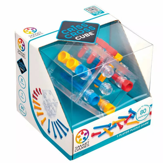 A toy box containing a SmartGames Criss Cross Cube, perfect for stimulating logical thinking and providing brain-teasing fun.