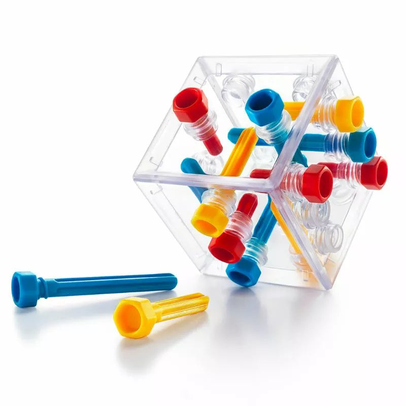 A SmartGames Criss Cross Cube featuring a clear plastic cube filled with colorful pipe cleaners.