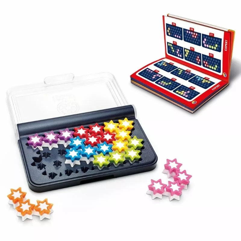 A set of challenging SmartGames IQ Stars puzzles comprising various puzzle pieces, neatly packaged in a box.