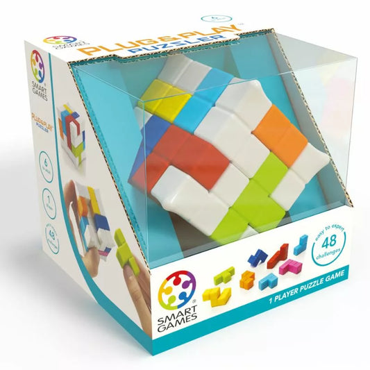 A challenging puzzle game, the SmartGames Plug & Play Puzzler, that comes in a box.