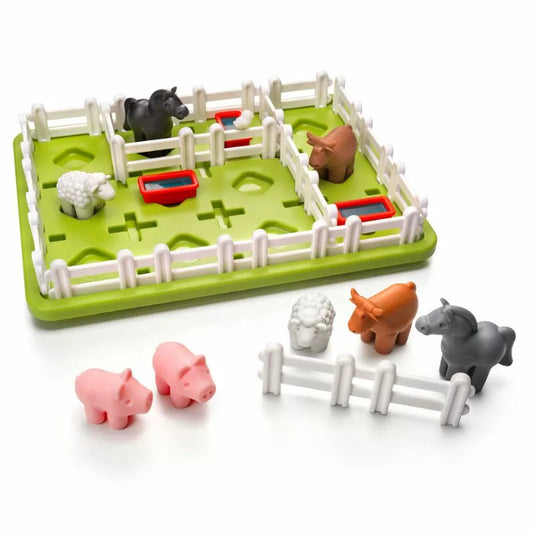 A SmartGames Smart Farmer set with animals and a fence, perfect for brainteasing challenges and smartgames.