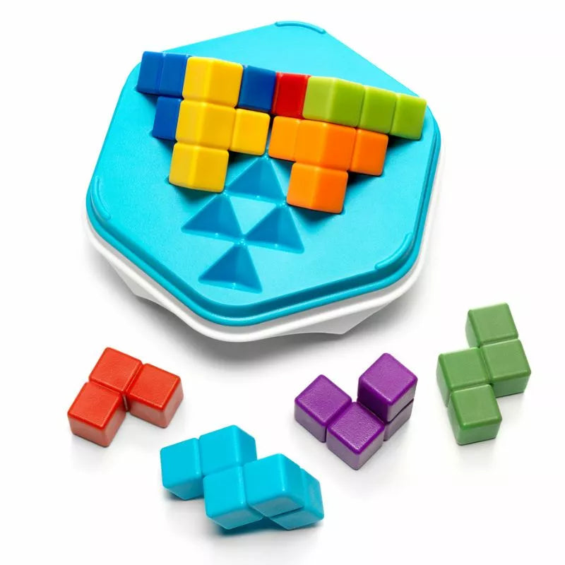 A SmartGames Zig Zag Puzzler containing a set of colorful cubes for a 3D puzzle game that challenges problem-solving skills.