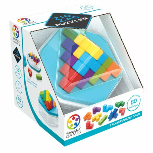 A toy box with the SmartGames Zig Zag Puzzler, a colorful 3D puzzle game that presents challenges and requires problem-solving skills.