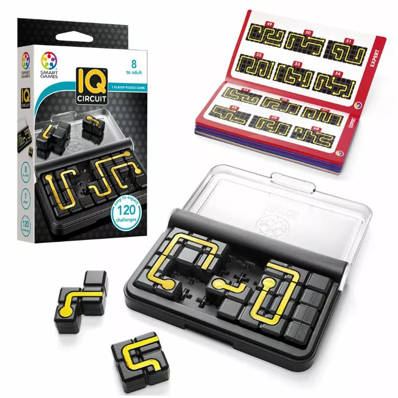 A yellow and black SmartGames IQ Circuit containing a set of puzzles, including puzzle pieces.