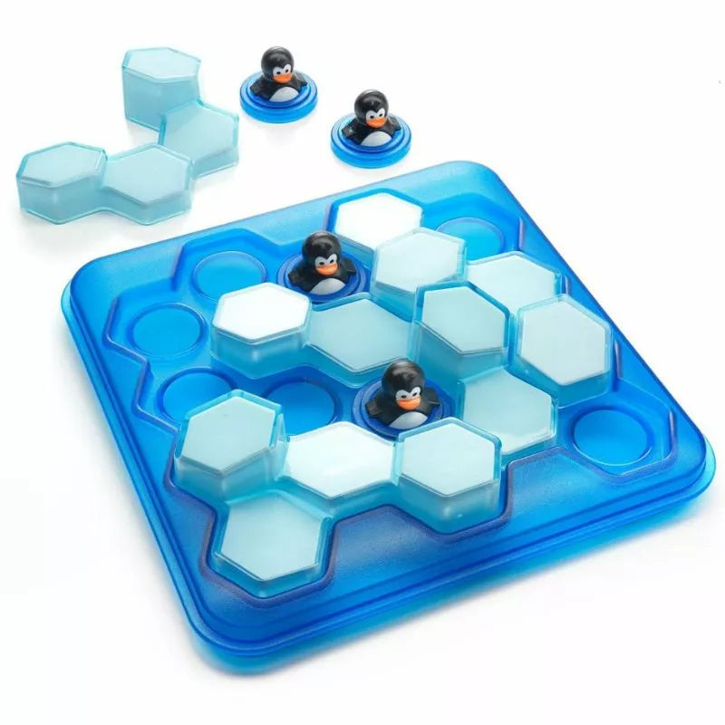 A 3D game with SmartGames Penguins Pool Party having a Penguins Pool Party on a blue board.