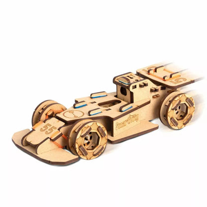 A Smartivity Speedster wooden race car in motion on a white background.