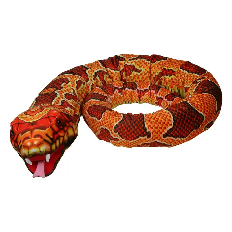 The Puppet Company Large Creature Snake Orange is a plush, coiled snake puppet with red, orange, and brown scales, open mouth, fangs, and a pink tongue—perfect for imaginative play.