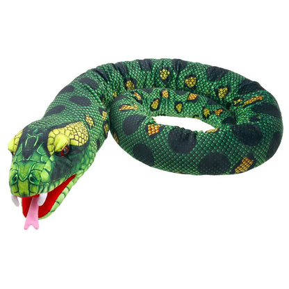 The Puppet Company Large Creature Snake is a realistic green plush hand puppet featuring black spots, yellow accents, a red forked tongue, and intricate scale patterns. It is coiled in a relaxed position for imaginative play.