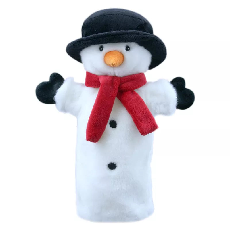 The Puppet Company Long Sleeved Puppet Snowman is a festive glove puppet with soft white fur, black hat and buttons, mitten-style hands, an orange carrot nose, and a red scarf.
