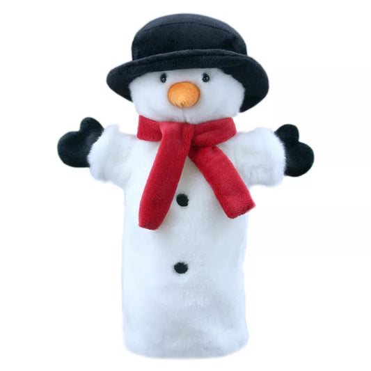 The Puppet Company Long Sleeved Puppet Snowman is a festive glove puppet with soft white fur, black hat and buttons, mitten-style hands, an orange carrot nose, and a red scarf.