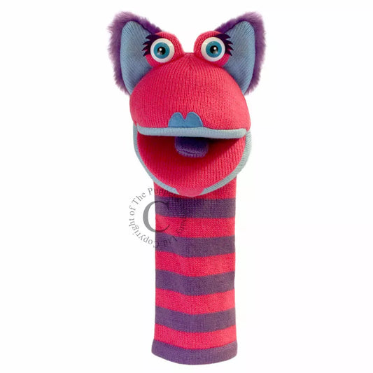 A colourful Sock Puppet named Sockette Puppet Kitty It’s knitted body is pink and purple. It has big expressive eyes and is mouth moving.