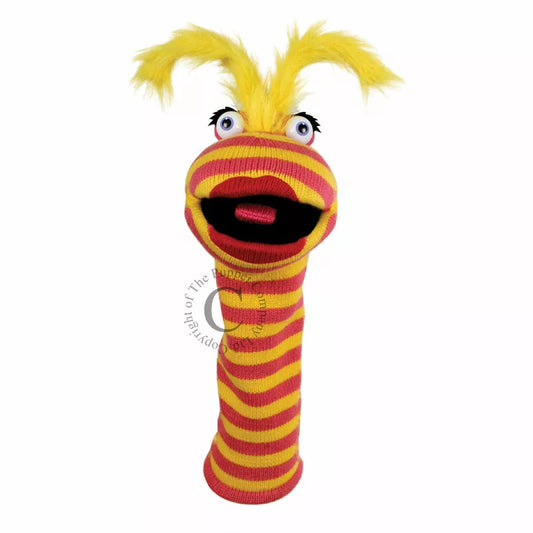 A colourful Sock Puppet named Sockette Puppet Lipstick It’s knitted body is red and yellow. It has big expressive eyes and is mouth moving.